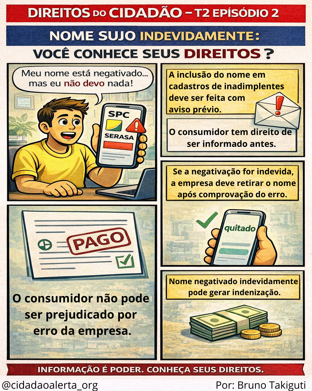 Tirinha educativa explicando os direitos do consumidor em casos de nome negativado indevidamente no SPC e Serasa.